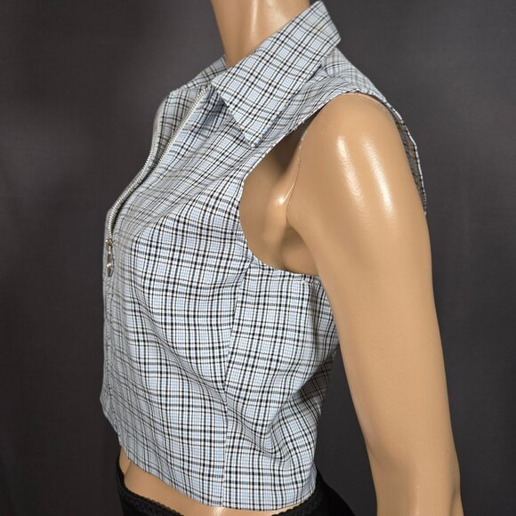Vintage 90s Light Blue Plaid Zip Up Vest Sleeveless Top Size M Cropped Academia - Picture 4 of 7